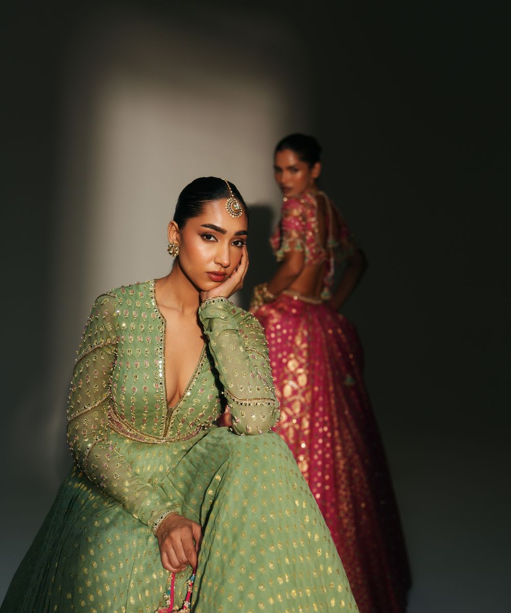 CHAYA - GREEN FULL SLEEVES ANARKALI PAIRED WITH MATCHING DUPATTA - Mehfil by Mahima Mahajan