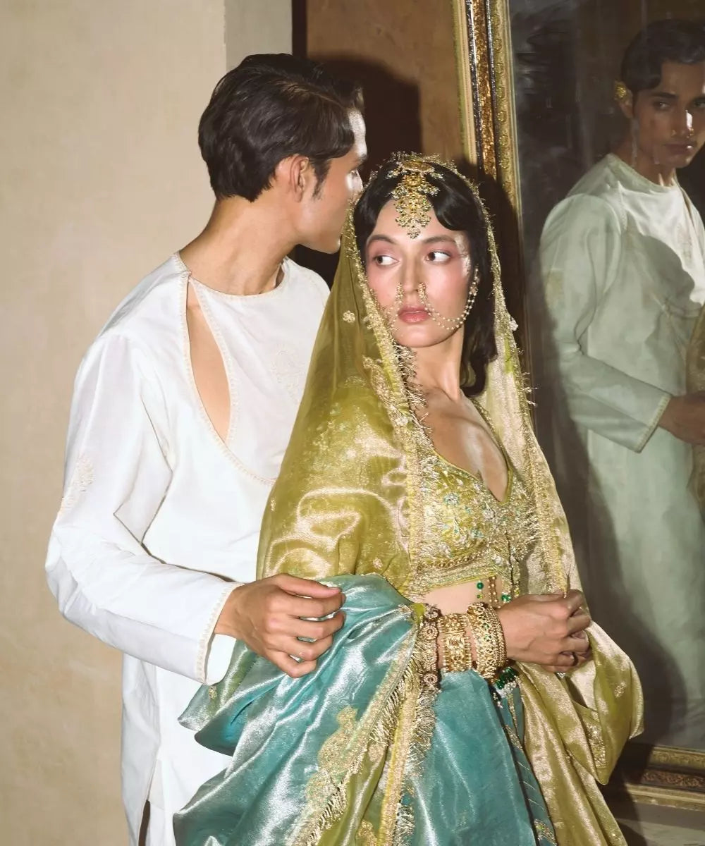 Aditi Gupta - Ice Blue  Silk Zari tissue with Olive Bloom tissue dupatta Lehenga Set