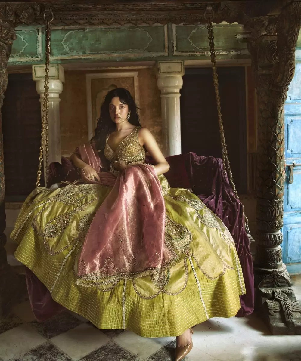 Aditi Gupta - Lemon Green Silk Zari tissue with Rose Pink tissue dupatta Lehenga Set