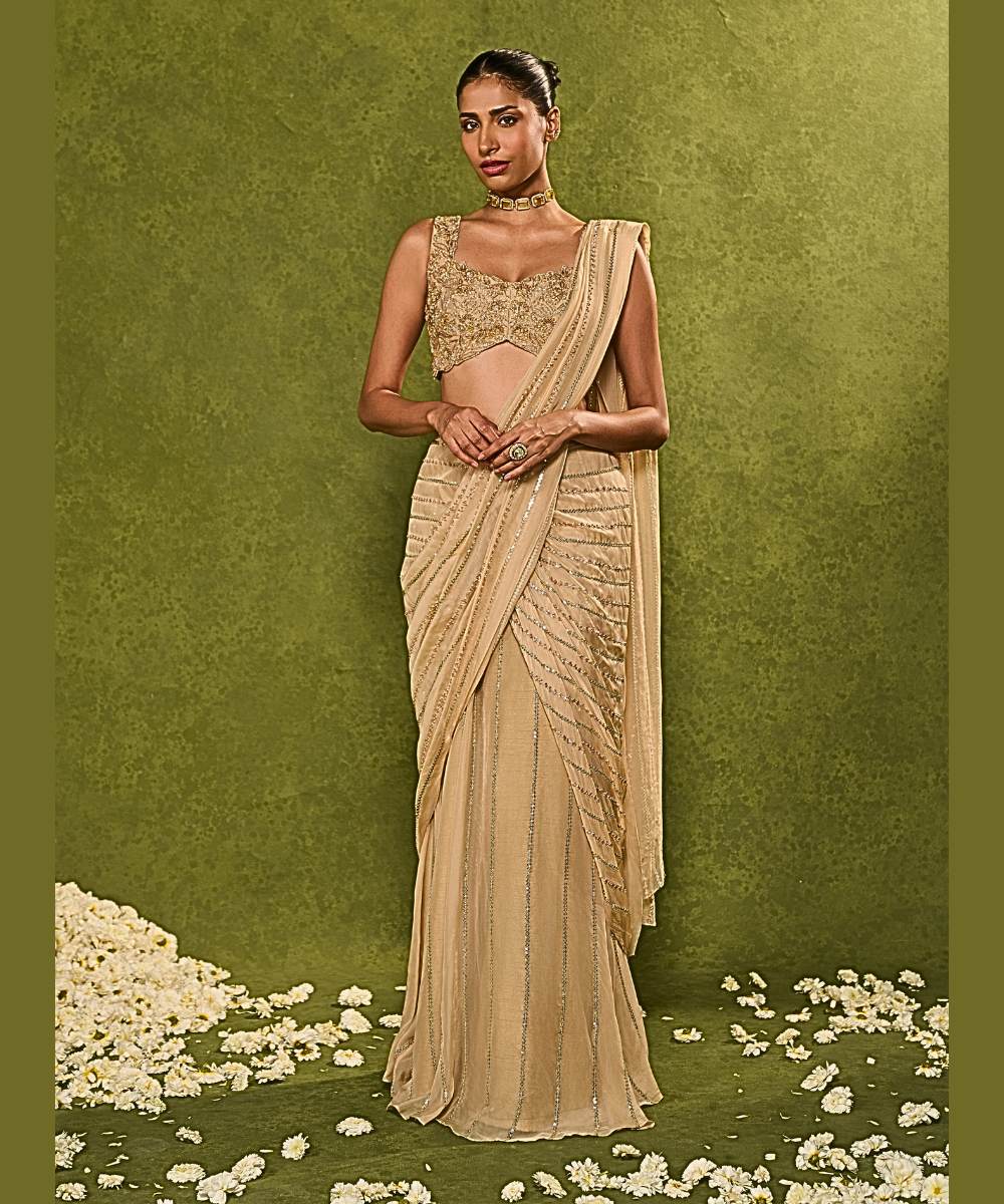 AALIYAH SAREE - Organza pre-draped saree embellished with glassbeads - Leher by Chamee and Palak