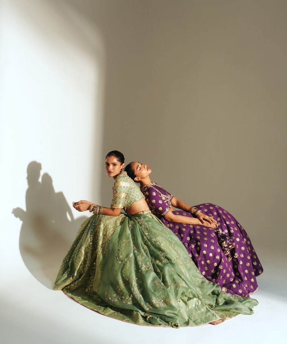 JIYA - HEAVY HAND EMBROIDERED PISTA GREEN KALI LEHENGA - Mehfil by Mahima Mahajan
