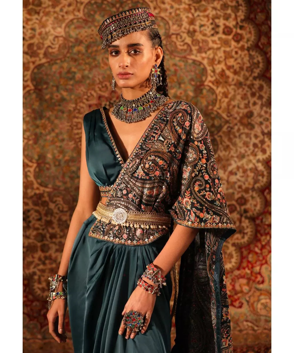 ADITI GUPTA - Teal Jamawaar Blouse with Draped Saree Skirt