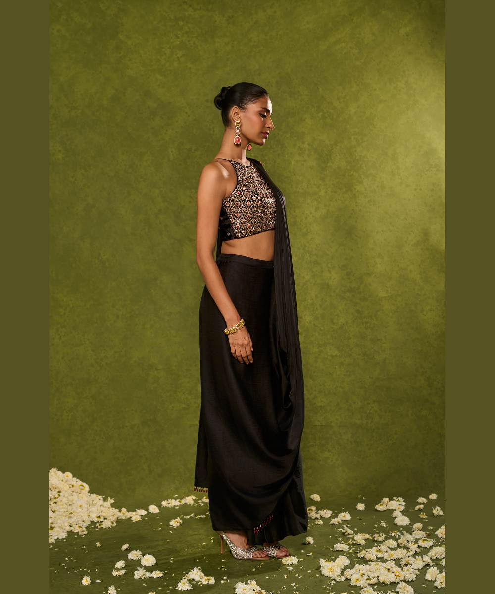 AANYA SAREE - Soft silk dhoti saree paired with a delicately embroidered velvet halter neck blouse -  Leher by Chamee and Palak