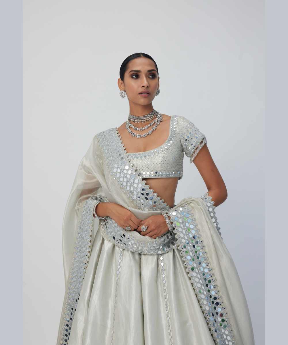 Silver Shimmer Organza Linear Lehenga Set