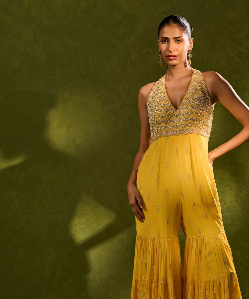 INES JUMPSUIT -  V neck jumpsuit with a flattering soft frill - Leher by Chamee and Palak