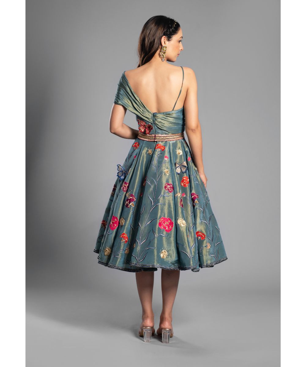 Aastha Sood - Forest Green tissue Calf length Indo-Western Dress