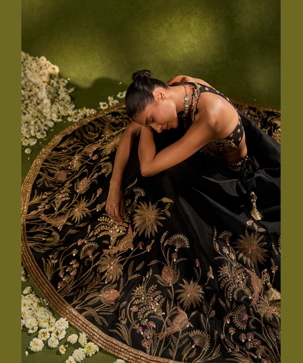 HUDA LEHENGA - Black dupion silk lehenga brought to life with forest-inspired motifs, intricately embroidered in zari, sequence, resham - Leher by Chamee and Palak