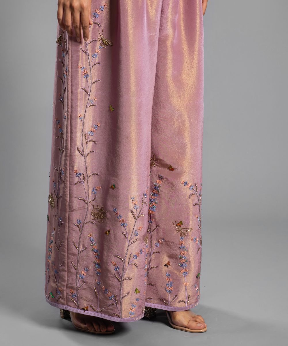 Aastha Sood - Lavender hued Jumpsuit Hand Embroidered Brocade draped Bodice and silk tissue Pants