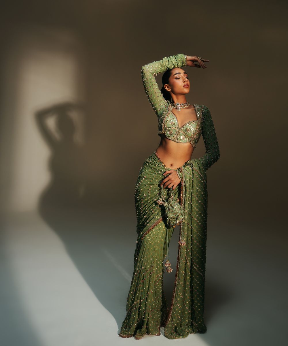 UNNATI - HEAVY HAND EMBROIDERED PREDRAPED SAREE PAIRED WITH FULL SLEVEES BLOUSE - Mehfil by Mahima Mahajan