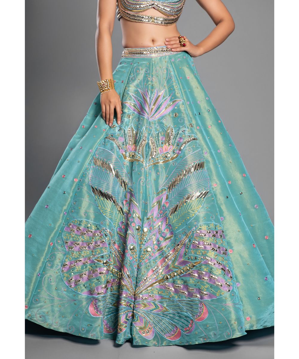 Aqua Silk Tissue Lehenga Draped Blouse