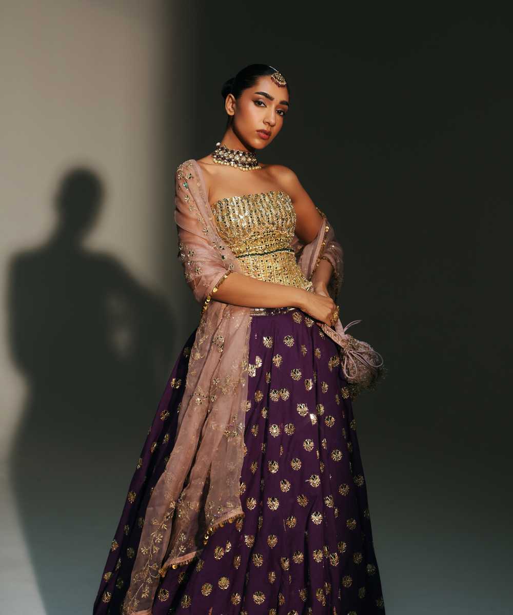 BINDIYA - HAND EMBROIERED BOOTI LEHENGA WITH GOLDEN CORSET AND DUPATTA- Mehfil by Mahima Mahajan
