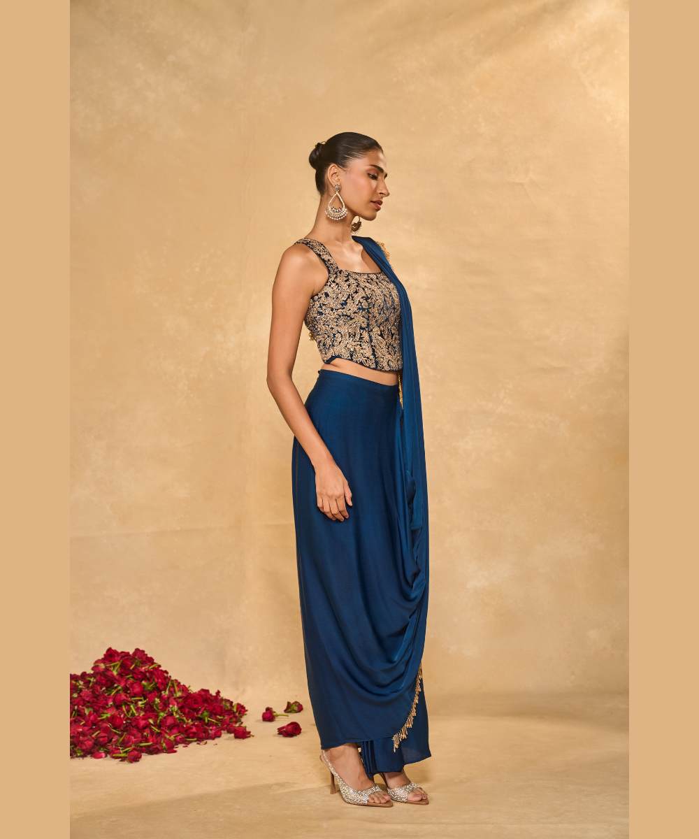LEKHA SLIT SAREE - Satin chiffon dhoti saree embellished with tassel edging paired with a velvet corset blouse - Leher by Chamee and Palak
