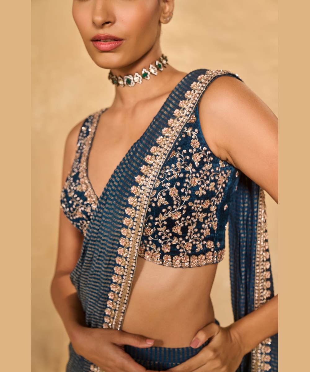 KAVYA SAREE - Saree with an exquisitely embellished floral border paired with a plunge V-neck velvet - Leher by Chamee and Palak