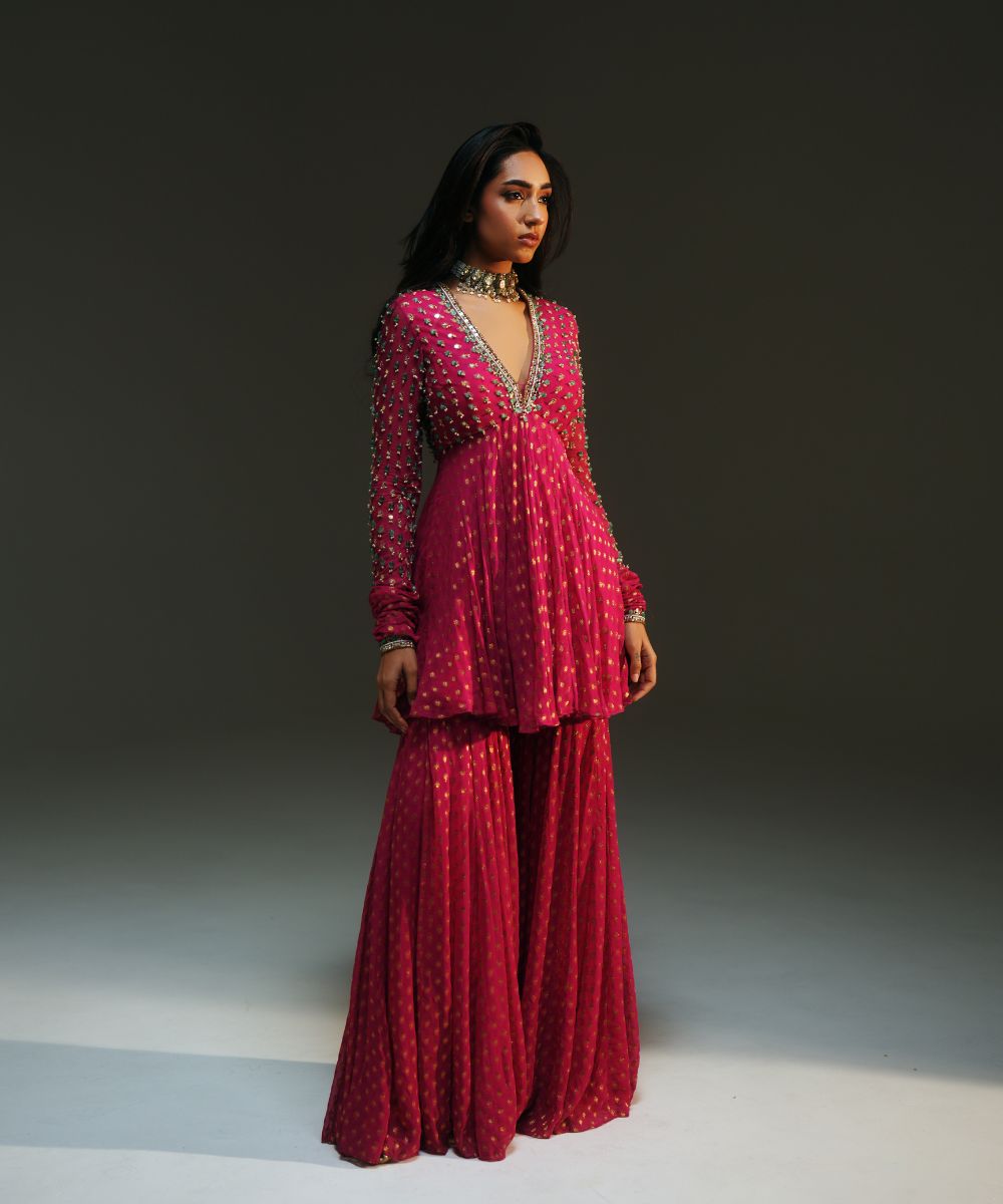 NIDHI - HAND EMBROIDERED RANI PINK SHORT KURTA AND SHARARA PAIRED WITH DUPATTA - Mehfil by Mahima Mahajan