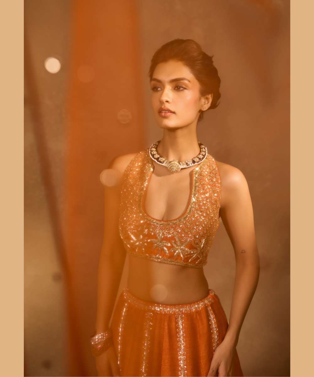 MAPLE LEHENGA - Raw silk lehenga with finely embroidered velvet palm appliqué in blue, maroon, green, and pink, highlighted with glass beads paired with a delicately embellished high-neck décolleté plunge blouse - Leher by Chamee and Palak