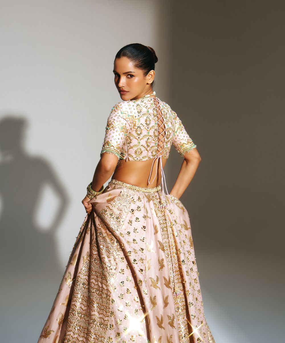FARIHA - HEAVY HAND EMBROIDERED BLUSH PINK KALI LEHENGA PAIRED WITH OUR SIGNATURE BLOUSE AND MATCHING DUPATTA -