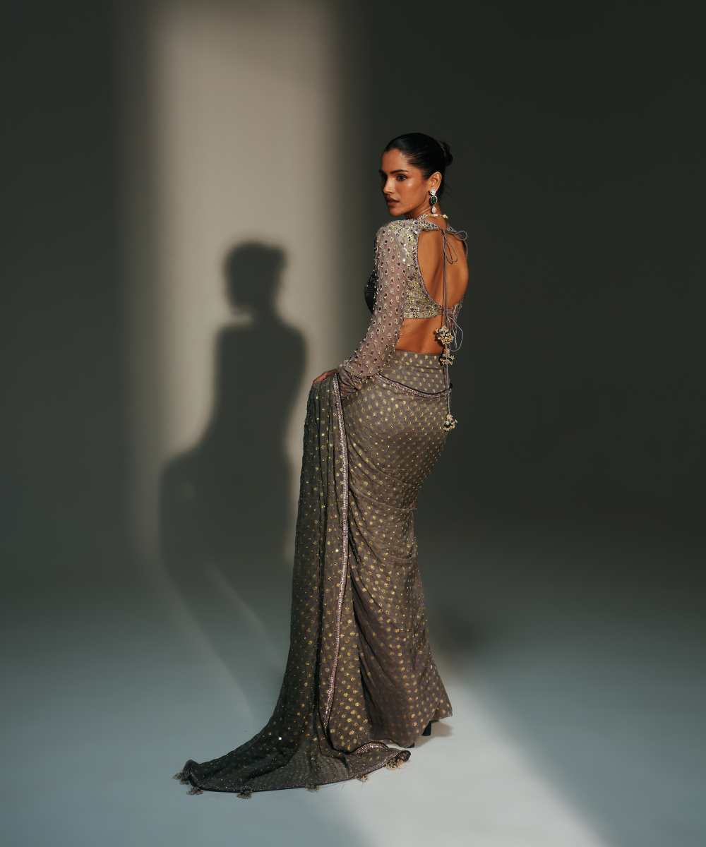 DRITI - PLATINUM HAND EMBROIDERED PREDRAPED SAREE - Mehfil by Mahima Mahajan