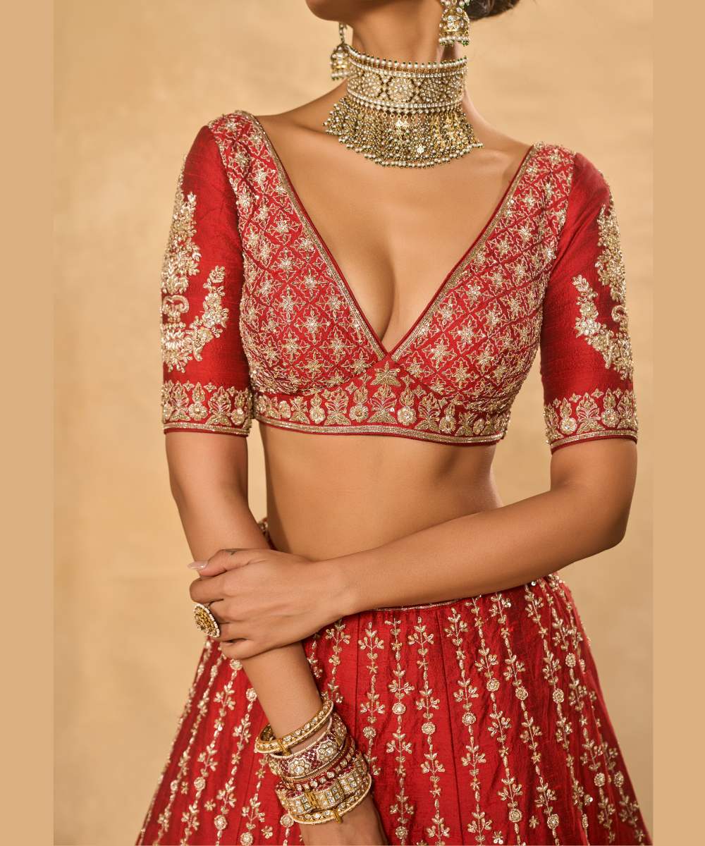 MOHINI LEHENGA - Red raw silk zardozi, glassbeads and sequence embroidered lehenga and blouse paired with banarasi dupatta - Leher by Chamee and Palak