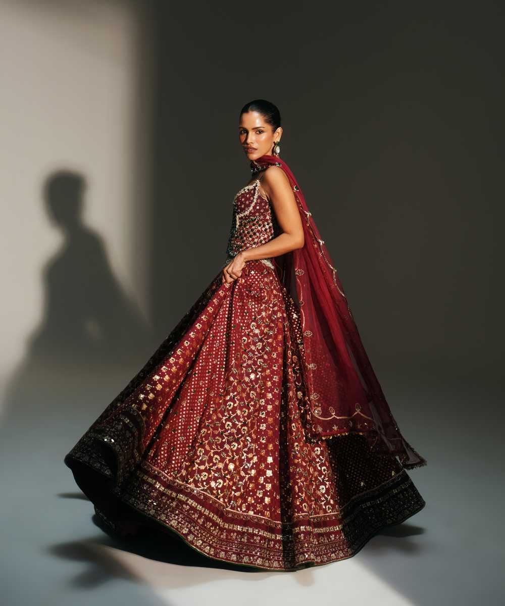 MALA - HEAVY HAND EMBROIDERED KALI LEHENGA WITH CORSET AND DUPATTA - Mehfil by Mahima Mahajan