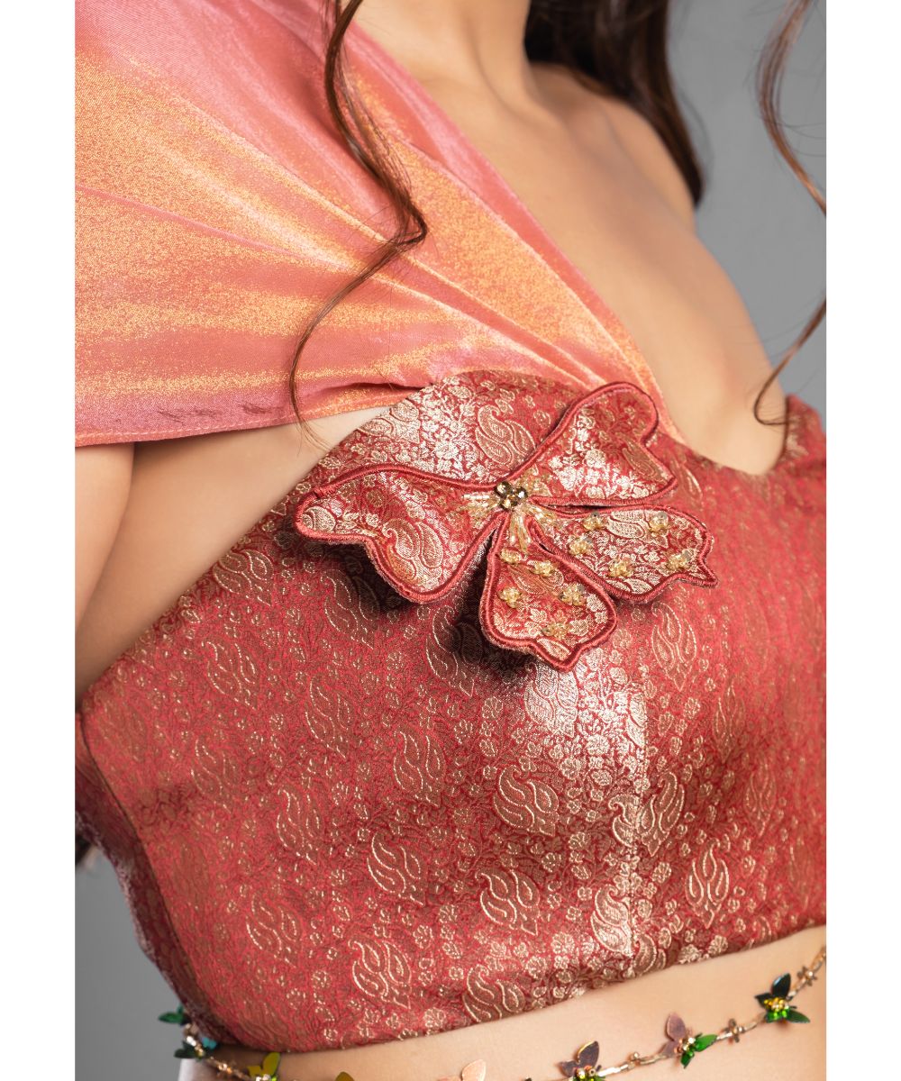 Crimson Red tissue Brocade Blouse complementing Tissue Skirt