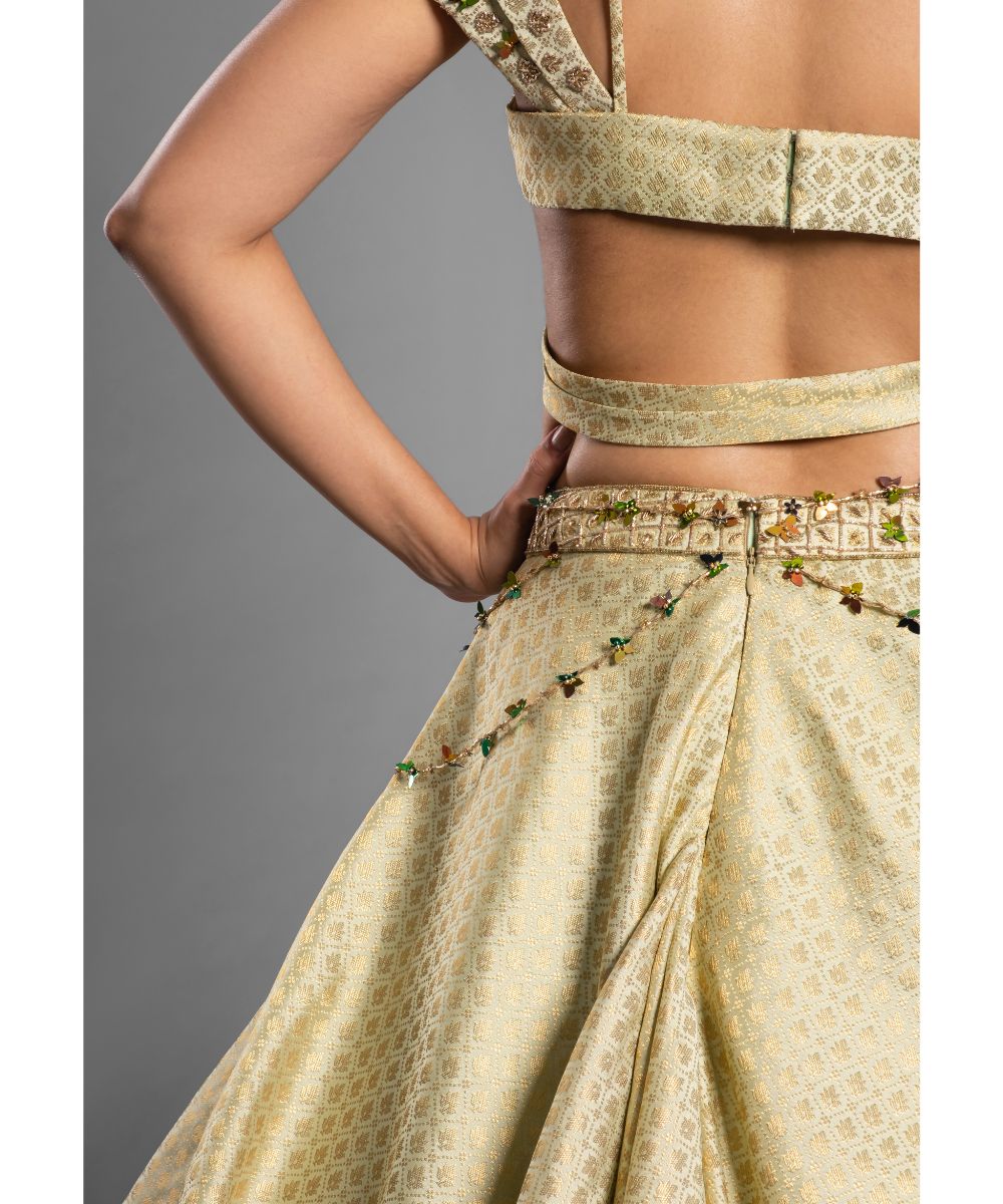 Lime Green Brocade Lehenga Asymmetrical Drape Blouse