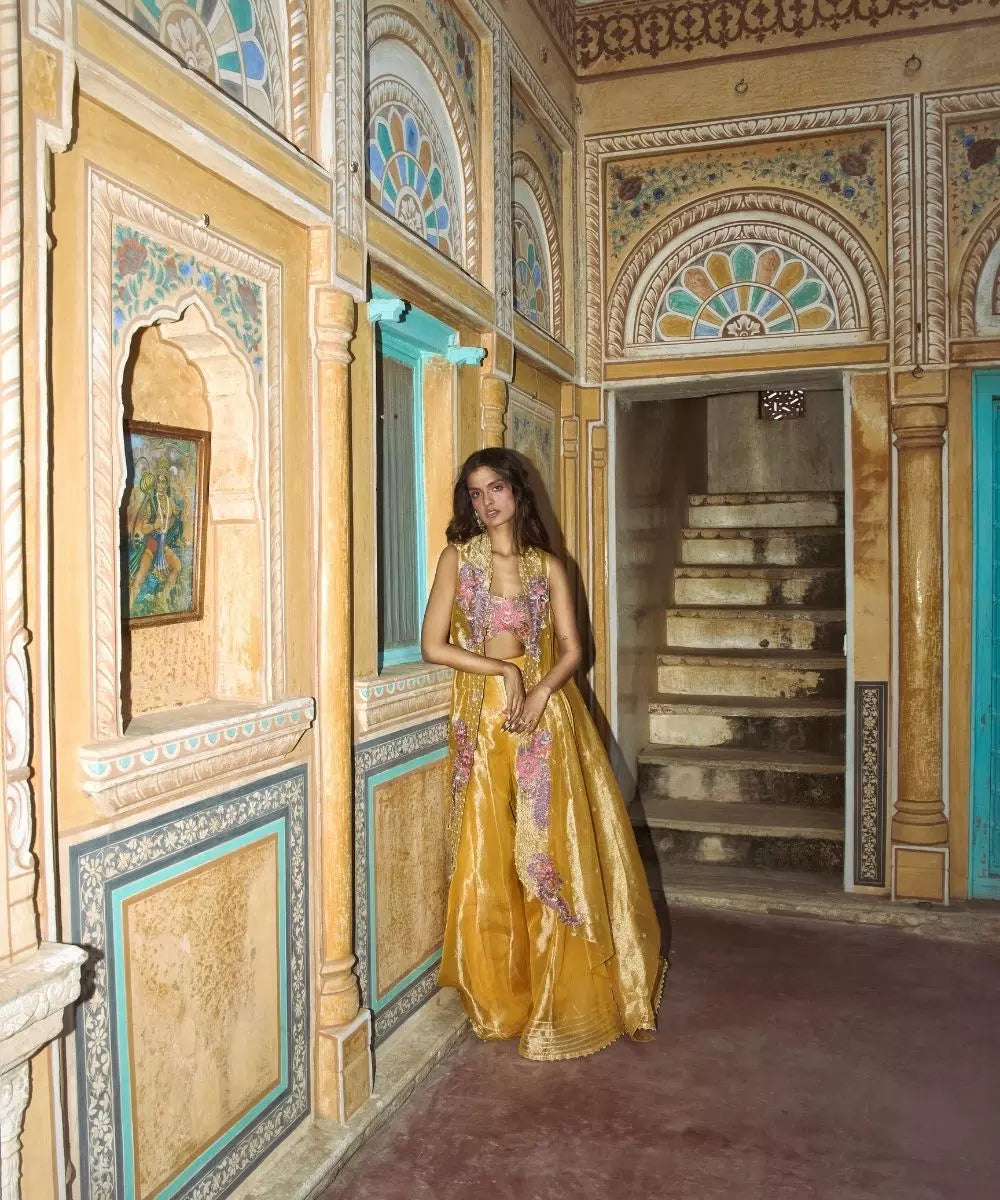 Aditi Gupta - Mustard Yellow pure Zari tissue with Sharara Set with Organza Cape