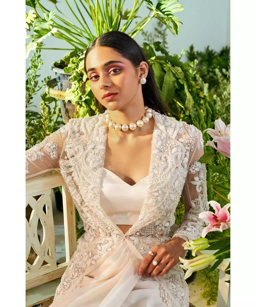 MANI BHATIA  - Ecru pearl embroidered Drape Skirt Bustier & Jacket set