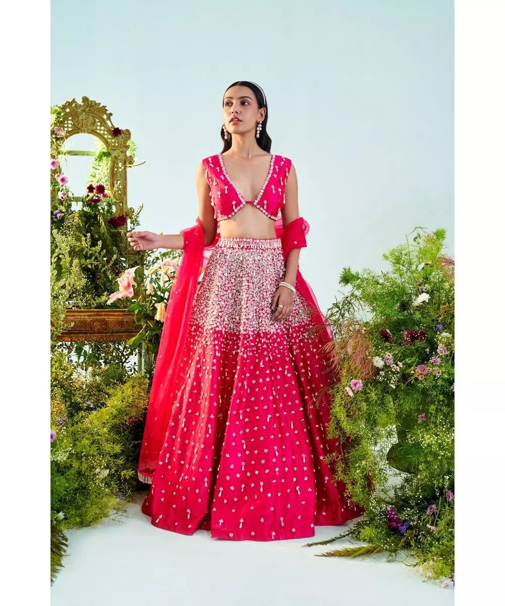 MANI BHATIYA - Fuchsia pink red Pearl & Sequins embroidered Lehenga set