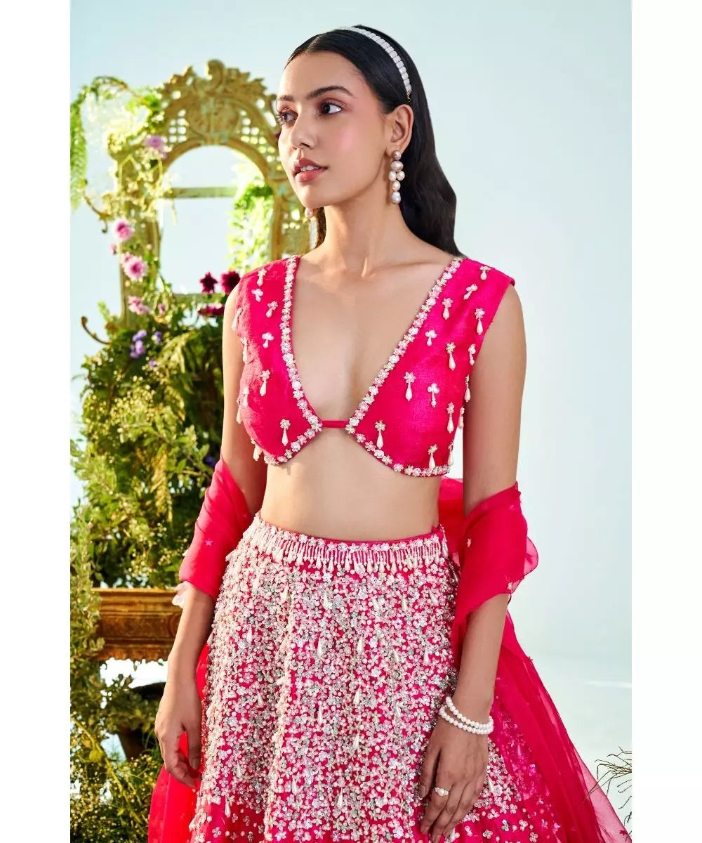 MANI BHATIYA - Fuchsia pink red Pearl & Sequins embroidered Lehenga set