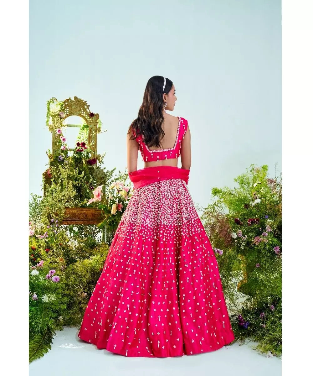 MANI BHATIYA - Fuchsia pink red Pearl & Sequins embroidered Lehenga set