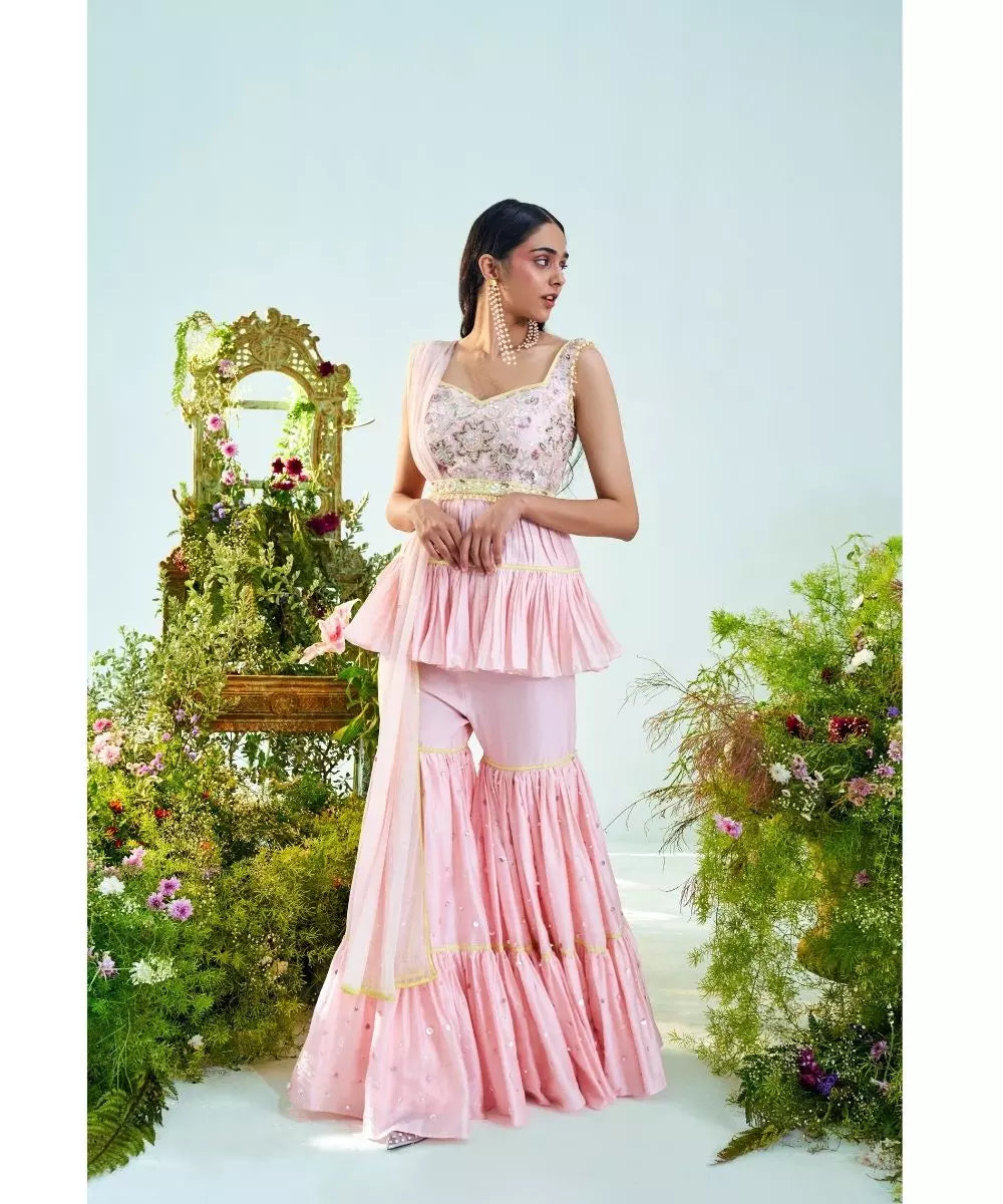 MANI BHATIYA - Candy pink & lime green Peplum Top Gharara set