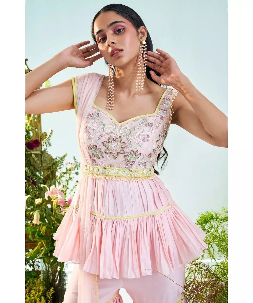 MANI BHATIYA - Candy pink & lime green Peplum Top Gharara set