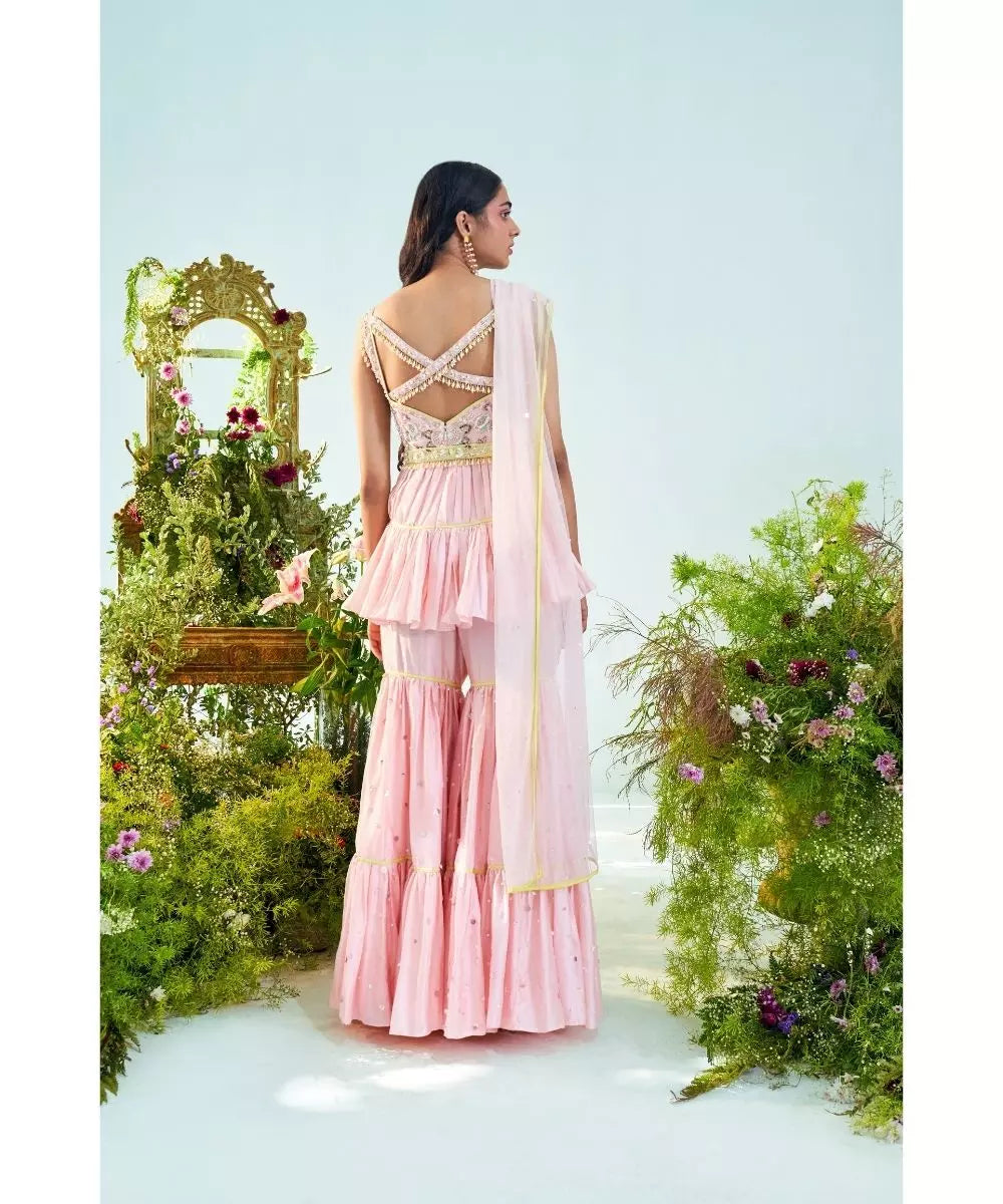 MANI BHATIYA - Candy pink & lime green Peplum Top Gharara set