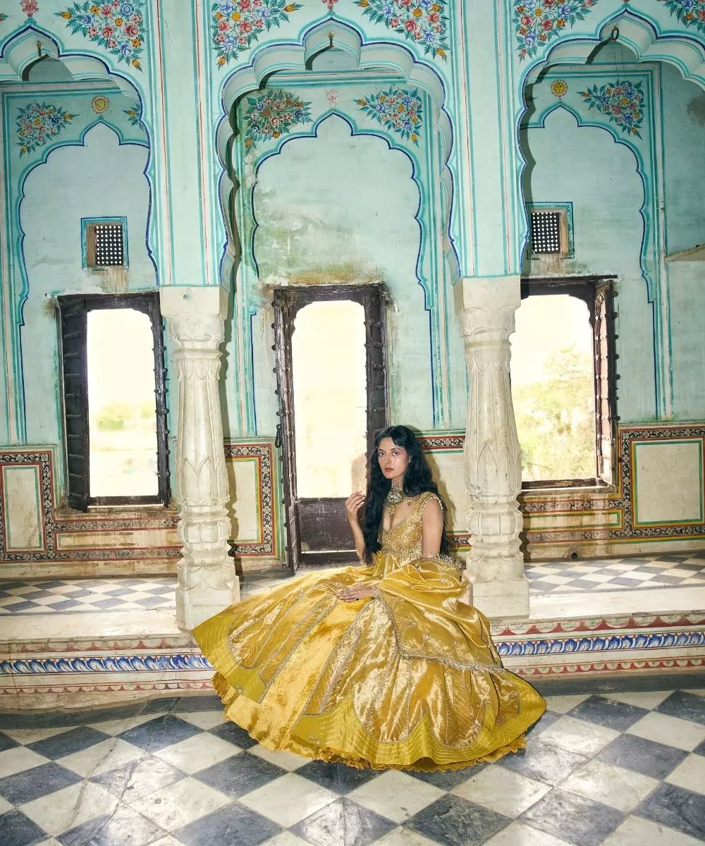 Aditi Gupta - Mustard Yellow pure Zari Tissue Jacket with crushed Silk Skirt Set