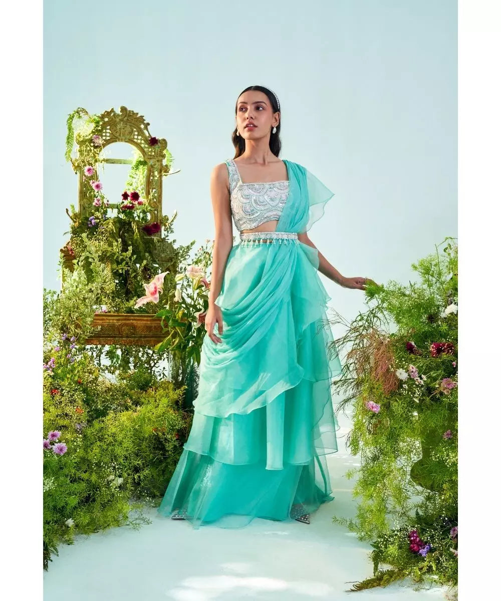MANI BHATIYA - Aqua blue ruffle Drape Saree with embroidered Belt