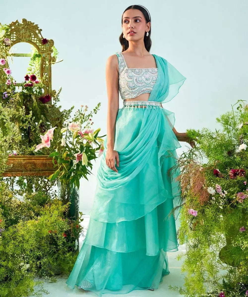 MANI BHATIYA - Aqua blue ruffle Drape Saree with embroidered Belt