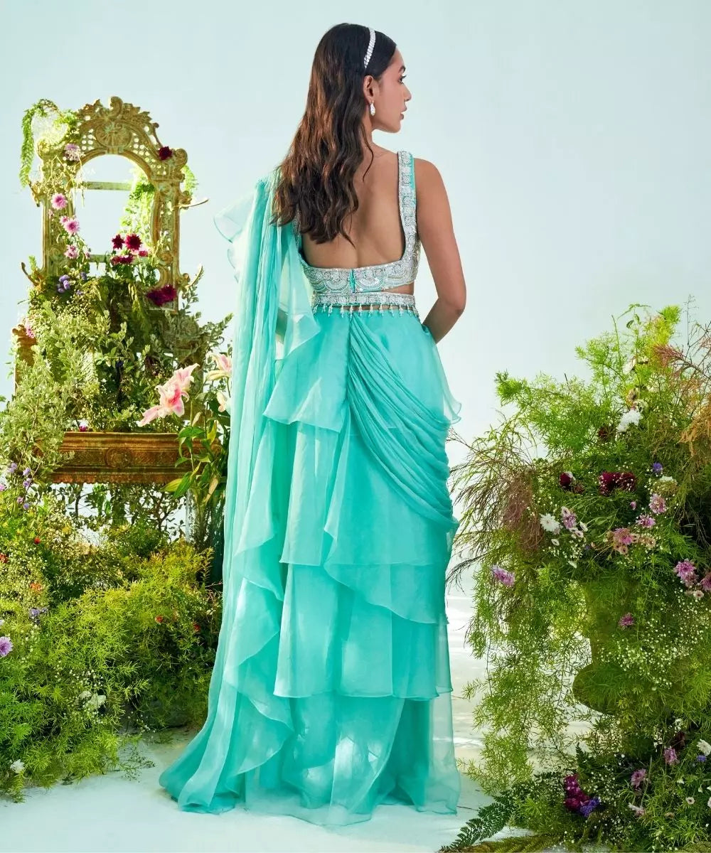 MANI BHATIYA - Aqua blue ruffle Drape Saree with embroidered Belt