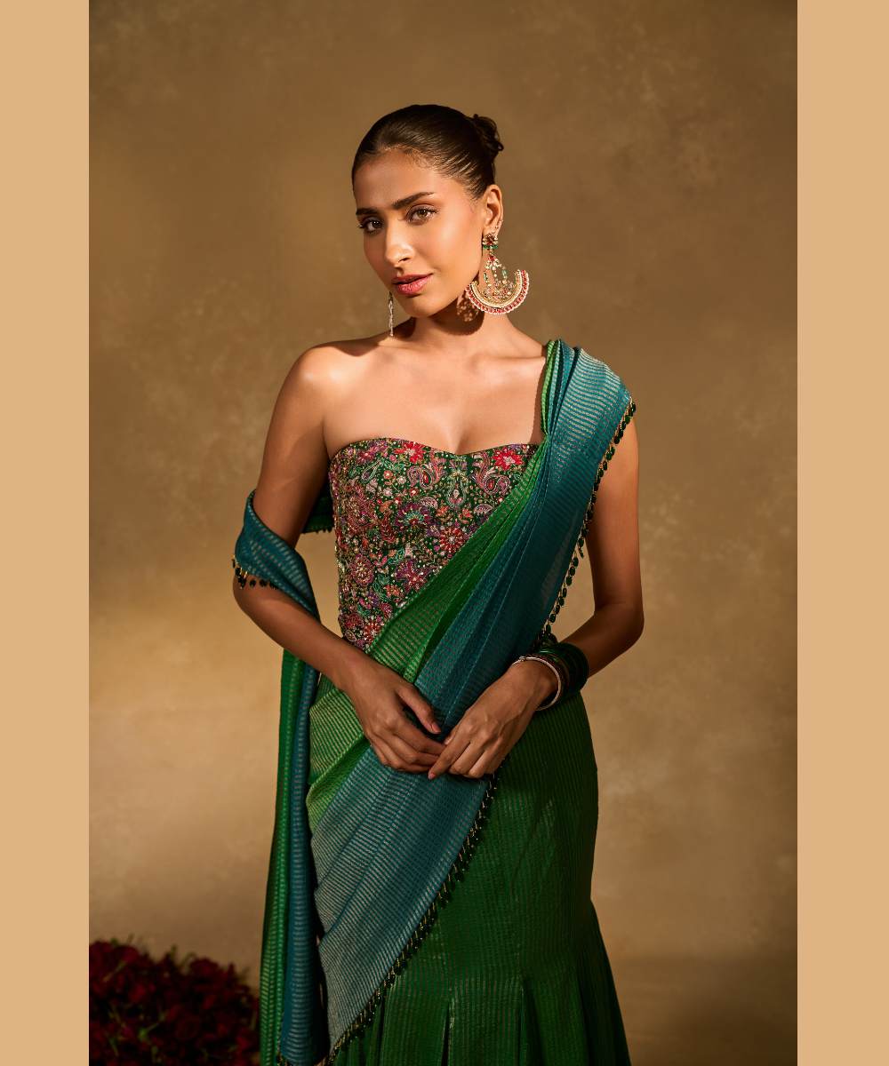 ASMA SAREE - Green to blue ombre tissue jamewar pre-draped saree -  Leher by Chamee and Palak