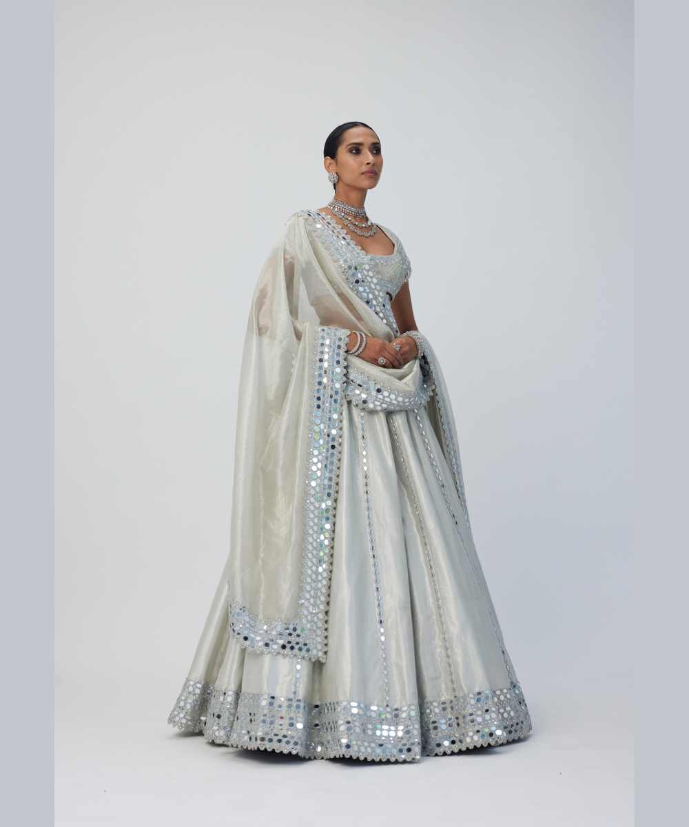 Silver Shimmer Organza Linear Lehenga Set