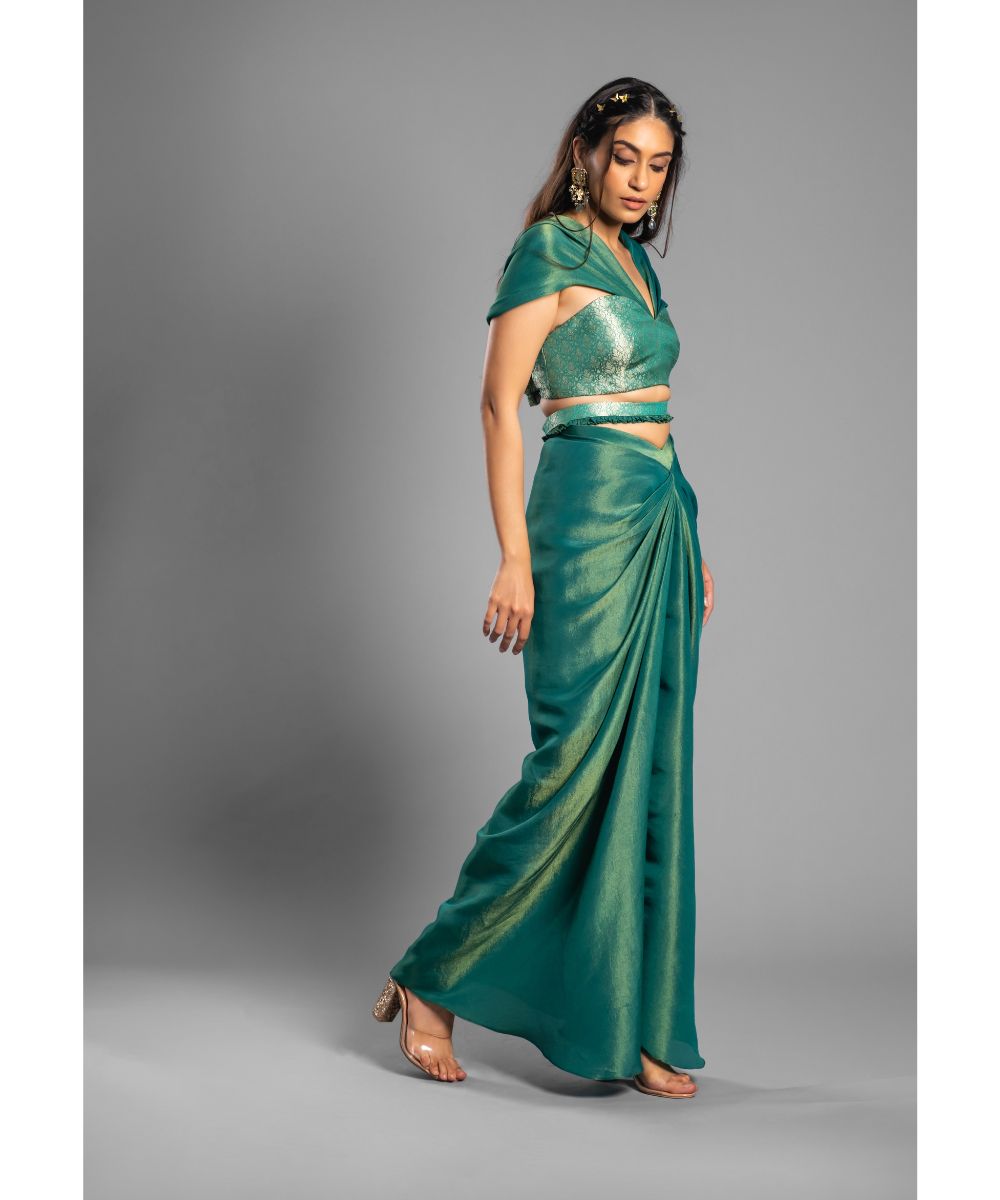 Emerald green Skirt set Draped off shoulder Brocade Blouse