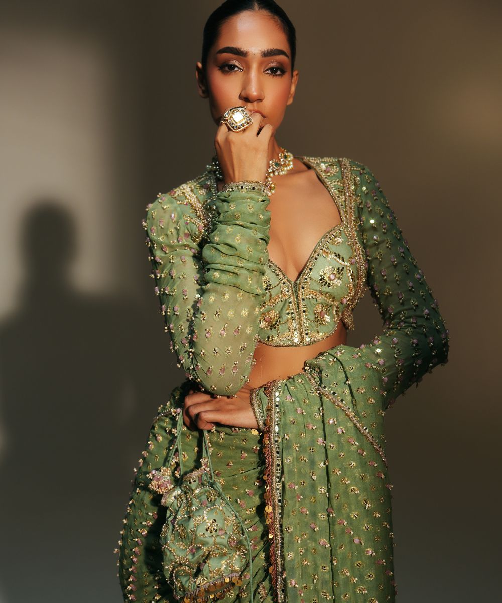 UNNATI - HEAVY HAND EMBROIDERED PREDRAPED SAREE PAIRED WITH FULL SLEVEES BLOUSE - Mehfil by Mahima Mahajan