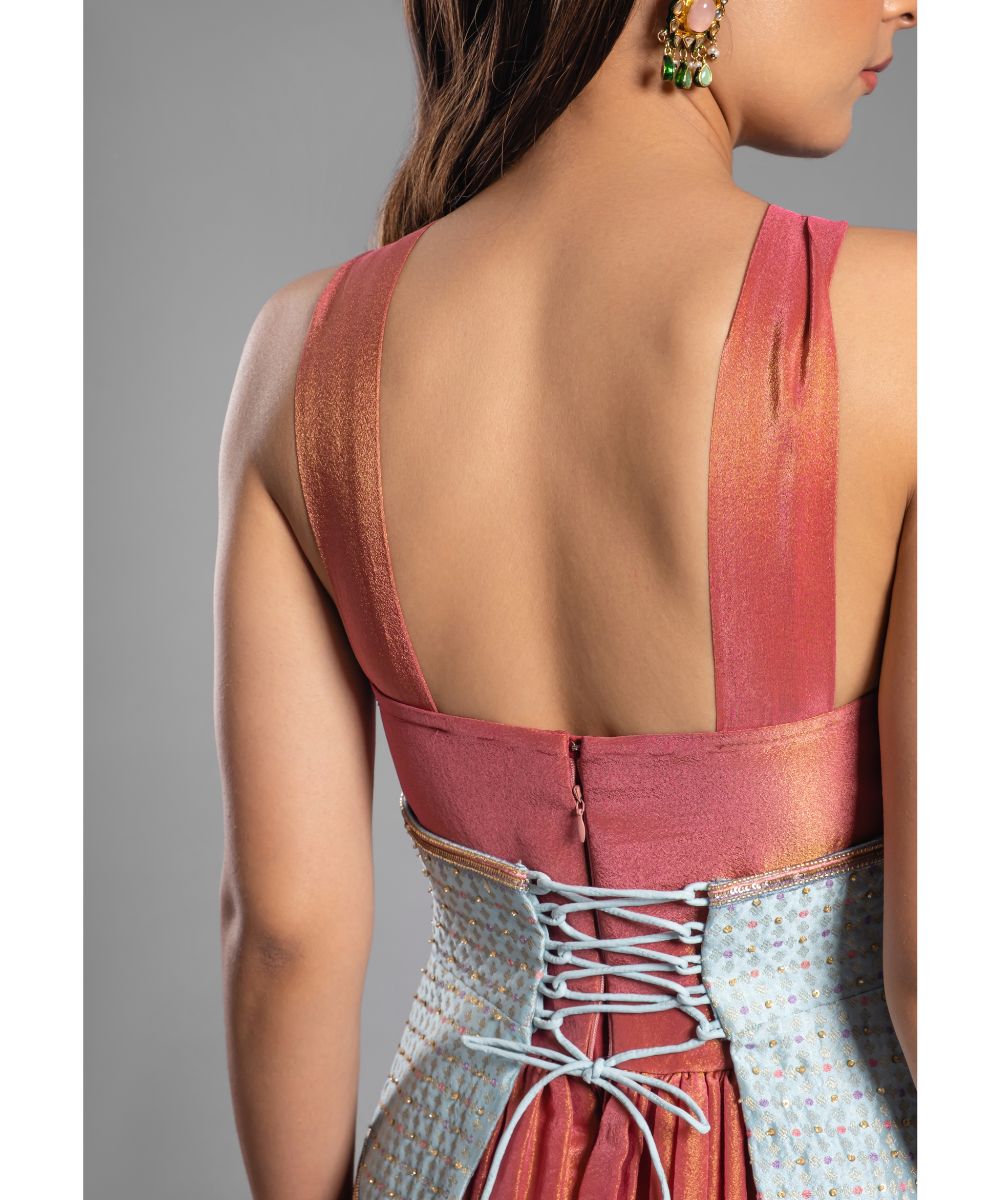 Aastha Sood - Crimson Red tissue Calf Length Dress with a Halter Neckline