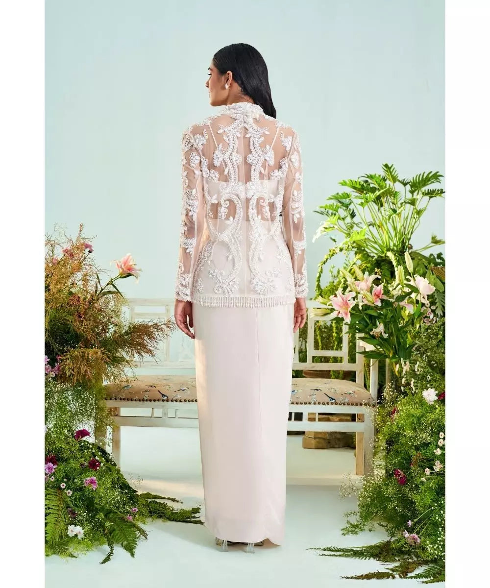 MANI BHATIA  - Ecru pearl embroidered Drape Skirt Bustier & Jacket set