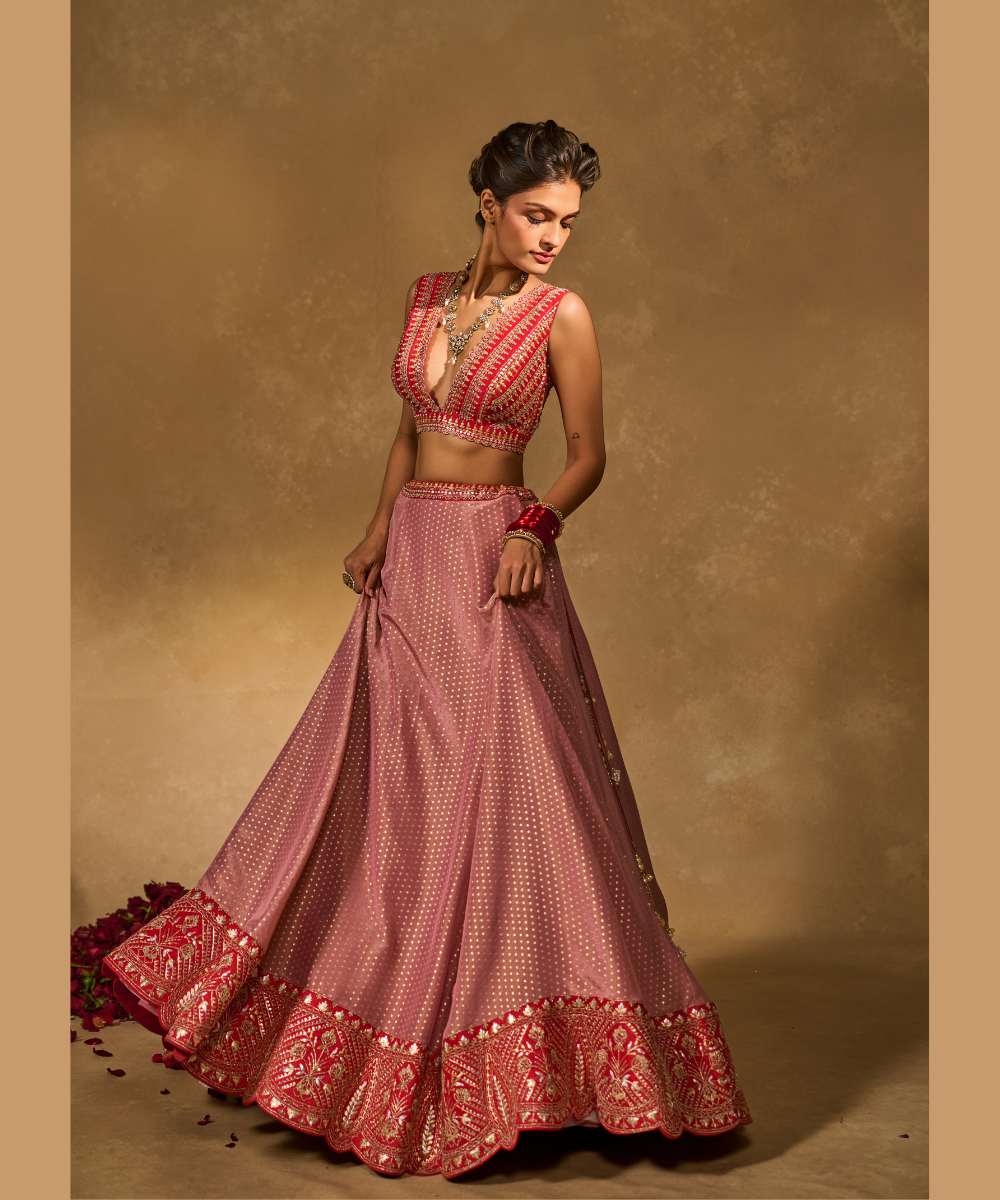 MINA DAMAN LEHENGA - Tissue jamewar lehenga accented with pita and zari embroidery along a contrast red hem paired with a delicately embroidered red plunging neck blouse - Leher by Chamee and Palak
