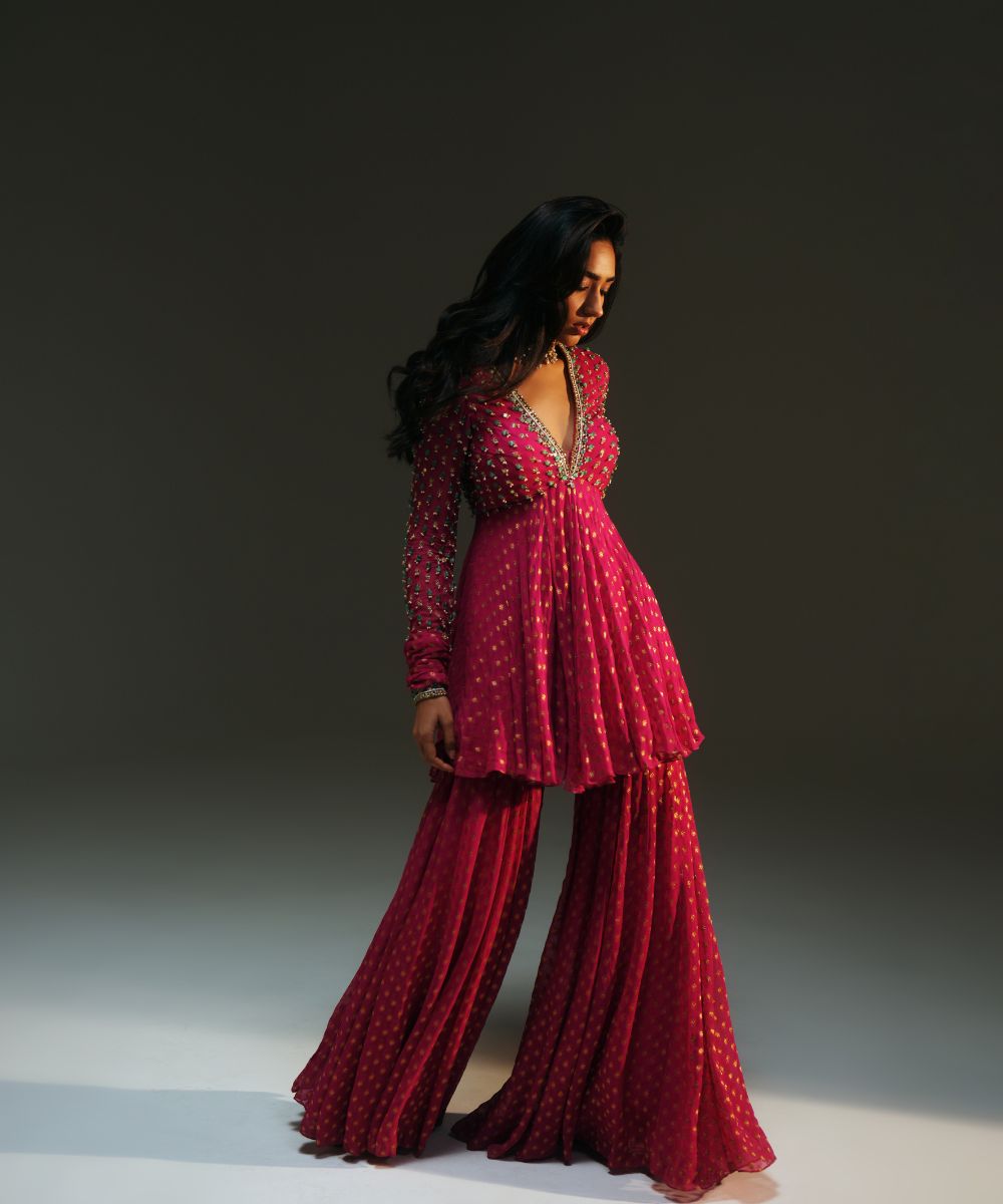 NIDHI - HAND EMBROIDERED RANI PINK SHORT KURTA AND SHARARA PAIRED WITH DUPATTA - Mehfil by Mahima Mahajan