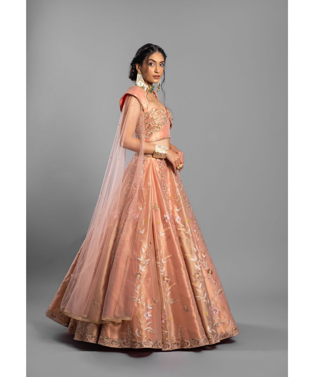 Peach tissue Lehenga with a Draped Blouse