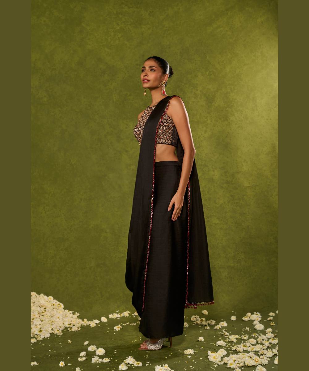 AANYA SAREE - Soft silk dhoti saree paired with a delicately embroidered velvet halter neck blouse -  Leher by Chamee and Palak