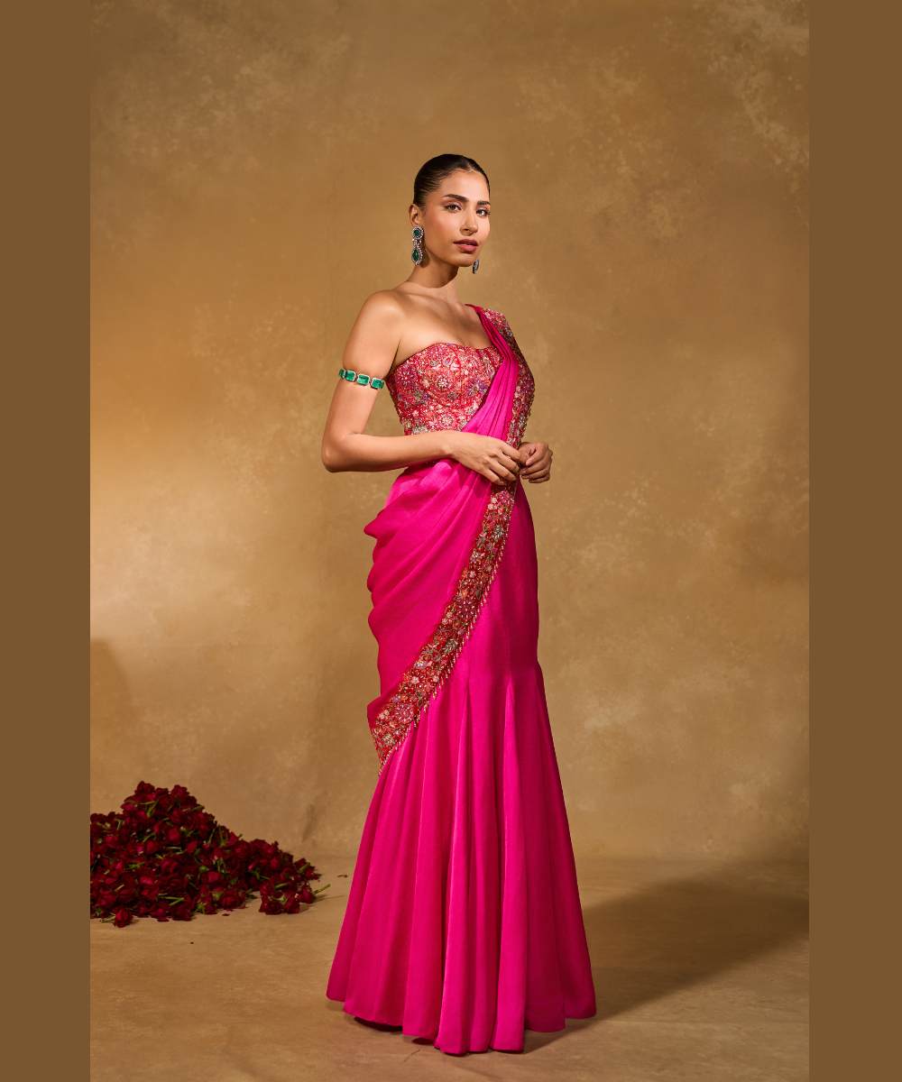 ARYA SAREE - Hot pink soft silk pre-draped saree paired with a red raw silk corset -  Leher by Chamee and Palak