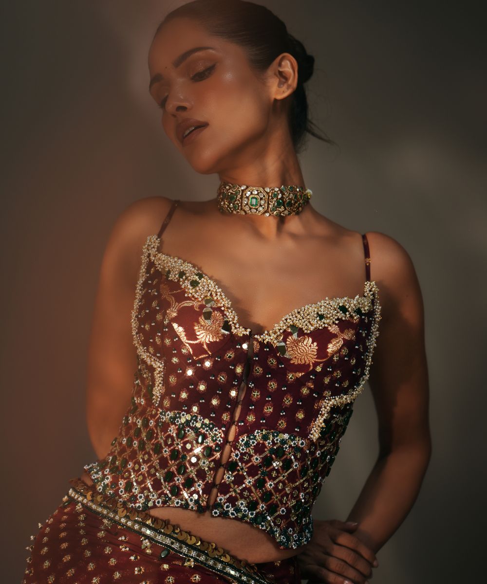 YAMINI - PREDRAPED SAREE PAIRED WITH EMBROIDERED CORSET - Mehfil by Mahima Mahajan