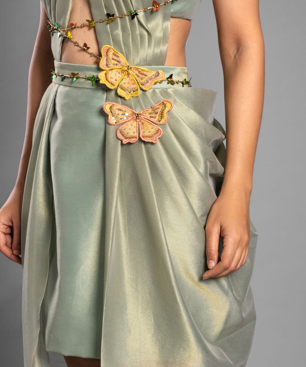 Light green Brocade Dress, Gold handwork Belt